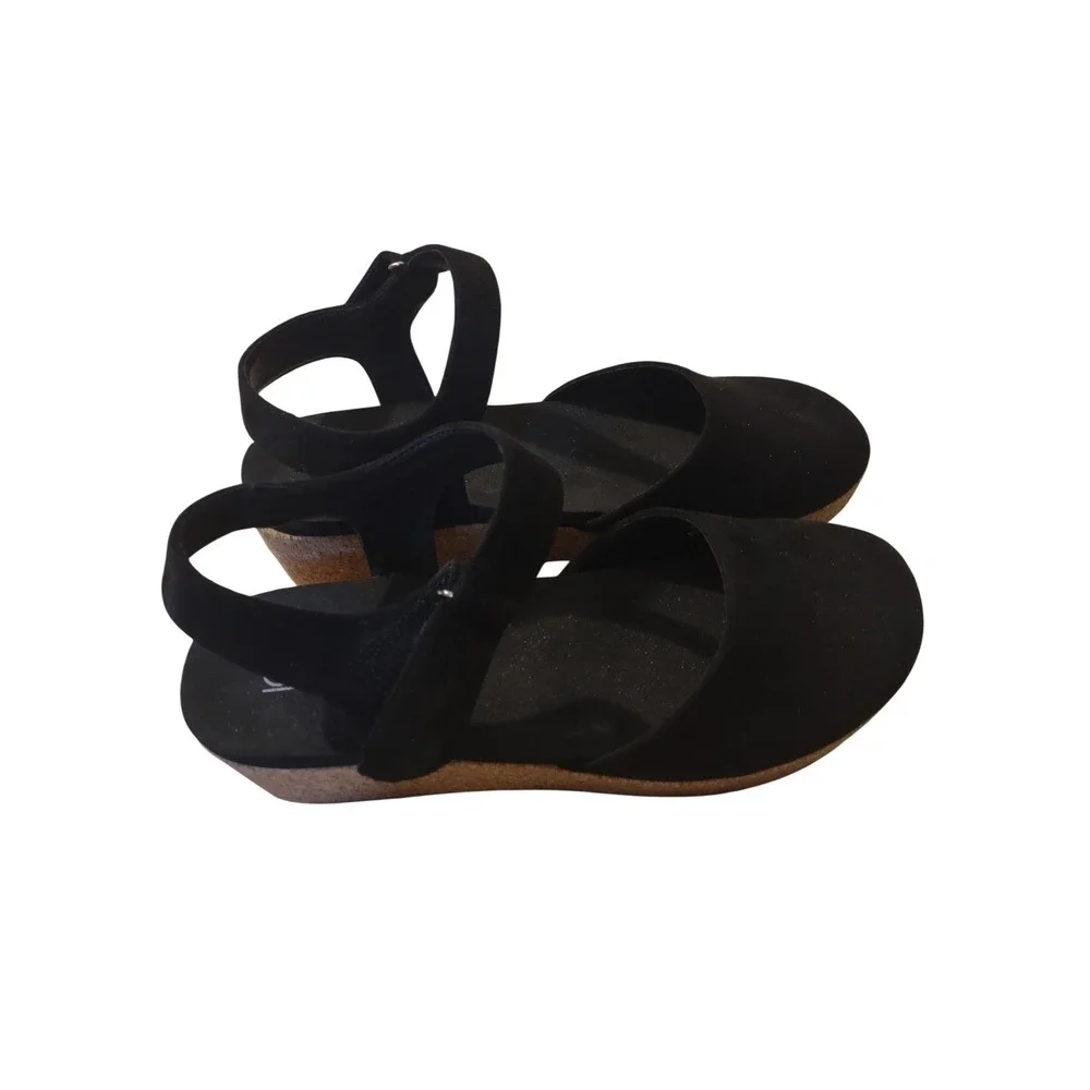 Corkys All In Black Faux Suede Cork Wedge Sandals Ankle Strap‎ Womens 10